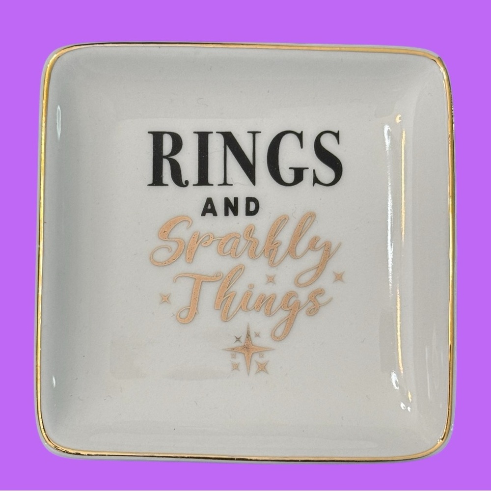 NWT White Ceramic Jewelry/Keys/Trinket Dish Black & Gold Rings & Sparkly Things